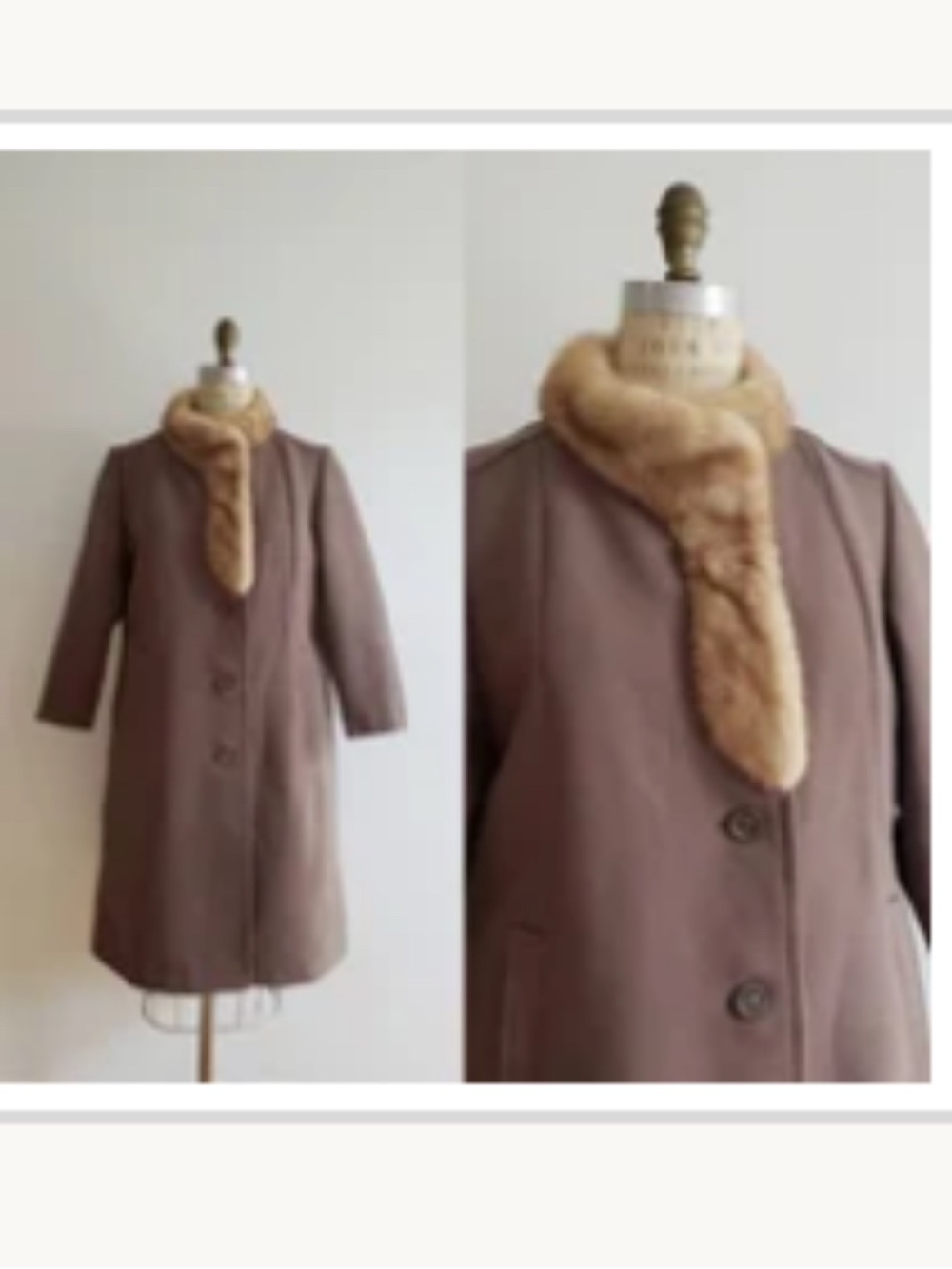 Womens Taupe Wool Coat with Fur Collar - Picture 4 of 5